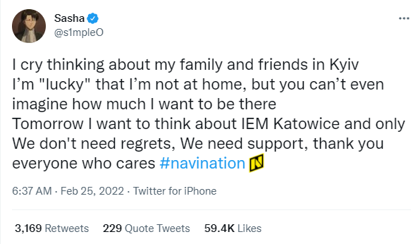 s1mple：我一想着我在 基辅 的家人和朋友就想哭