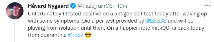 【CSGO】ropz将在今晚复出！rain阳性将被隔离参赛