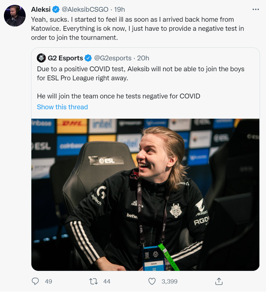 CSGO G2指挥 Aleksib新冠阳性 ，老将AMANEK紧急替补