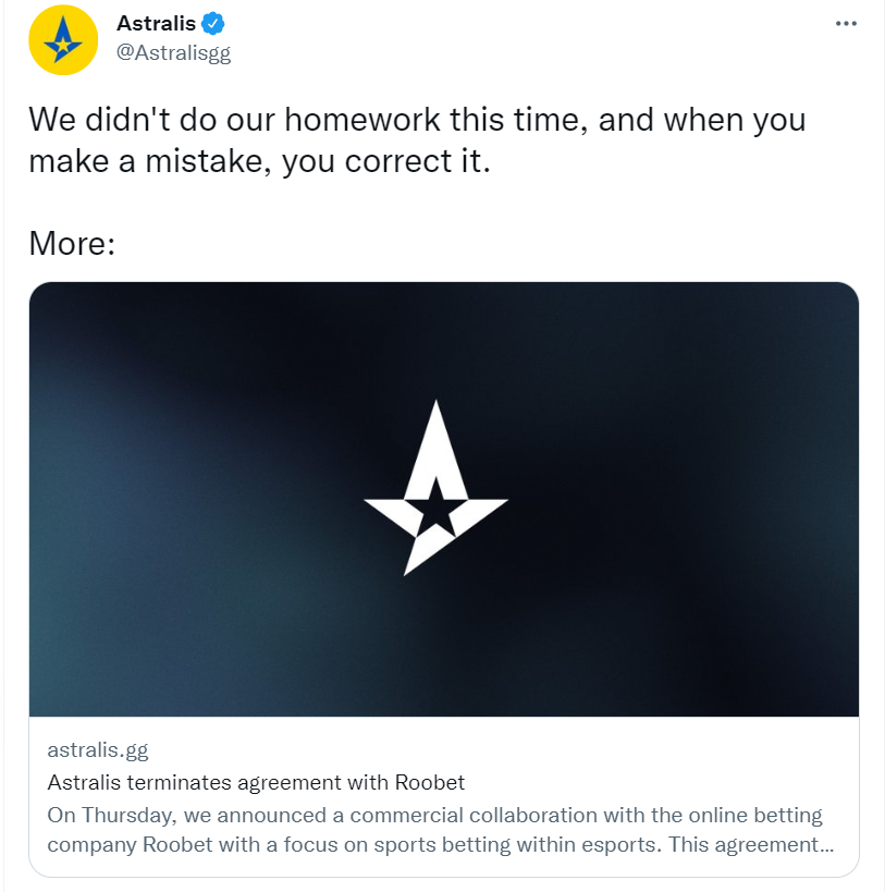 GO圈新鲜事:2.Astralis宣布和菠菜公司Roobet解约